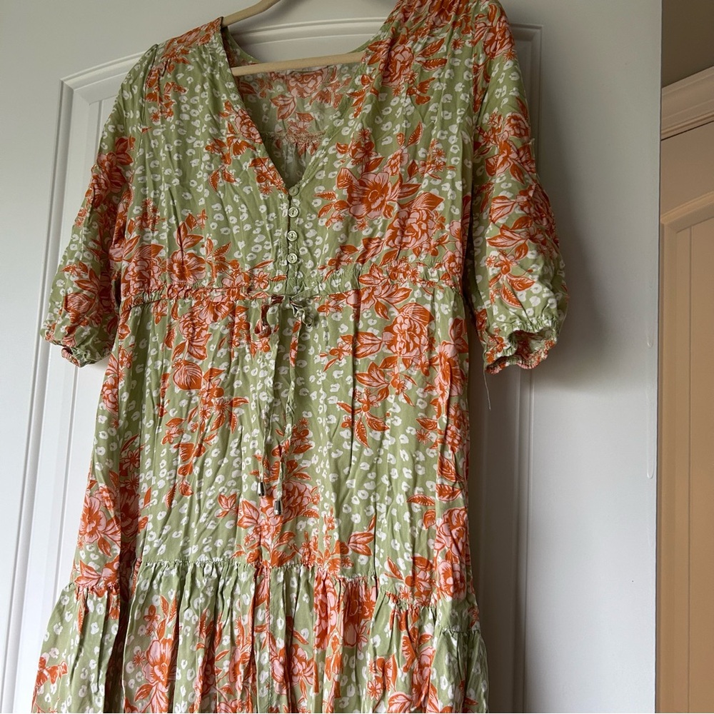 Abel the Label Wild Bloom Tiered Flowy Boho Floral Maxi Dress Light Green